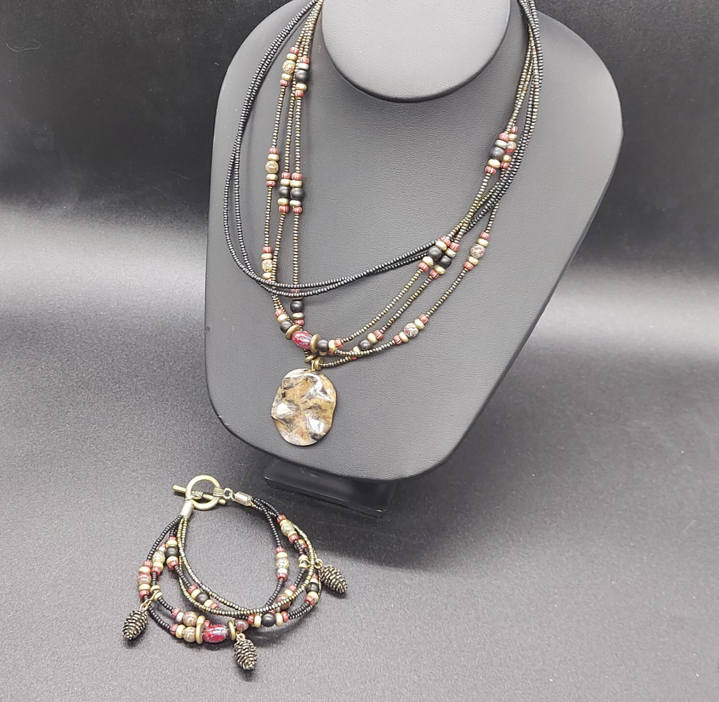 Necklace Bracelet Set Multi Strand Seed Bead Acorn Charms Stone Pendant