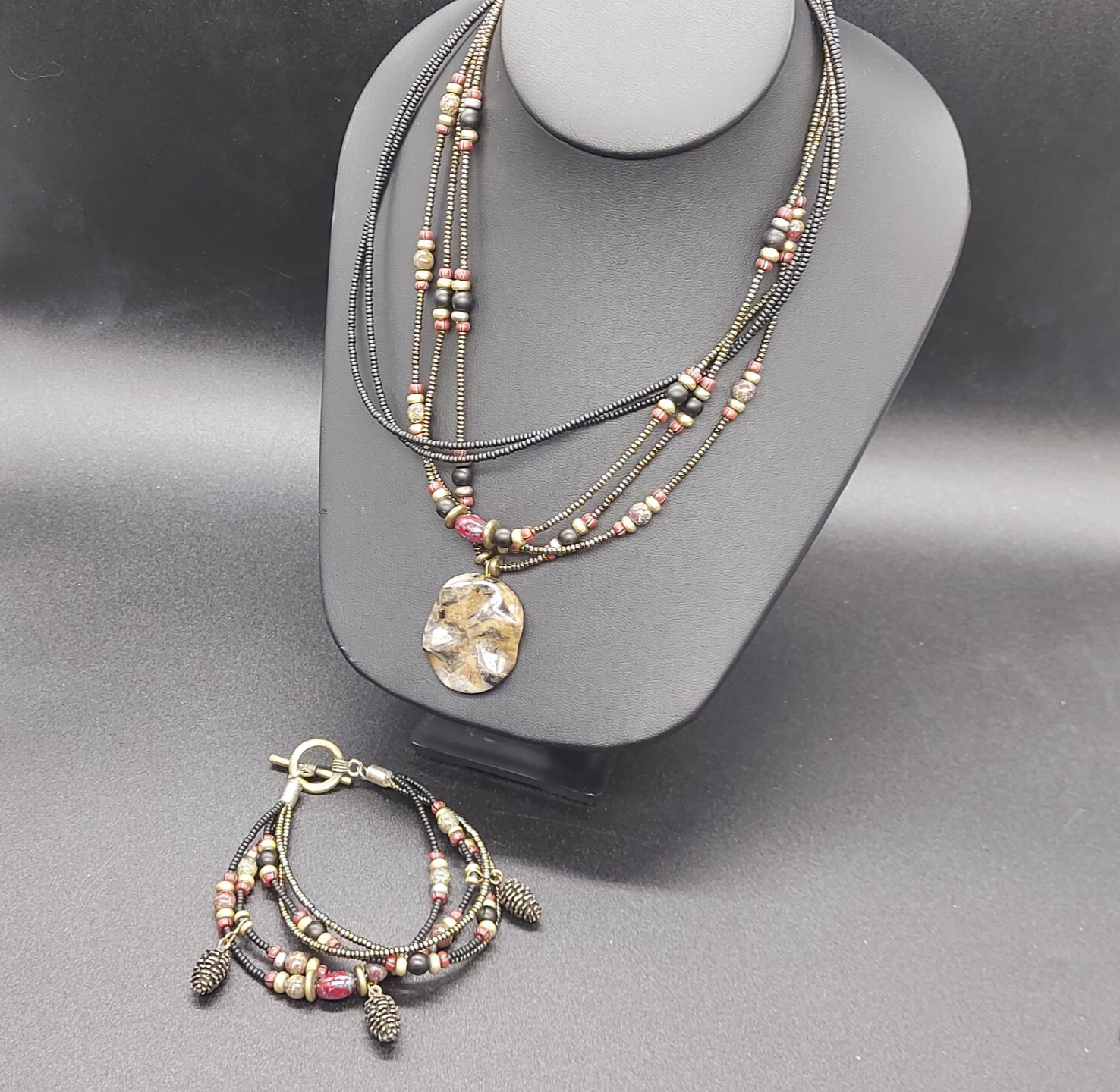 Necklace Bracelet Set Multi Strand Seed Bead Acorn Charms Stone Pendant