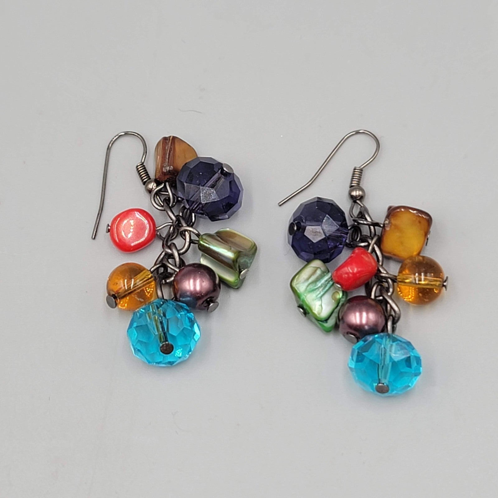 Multicolor Shell and Glass Bead Pierced Earrings Dangle 1.5 in