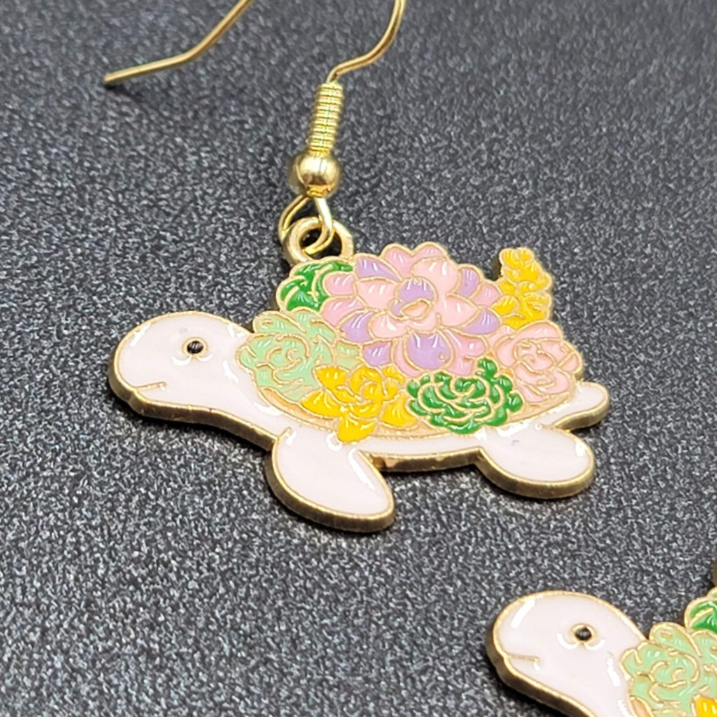 Turtle Pierced Earrings Gold tone Enamel Flowers Dangle 3/4"