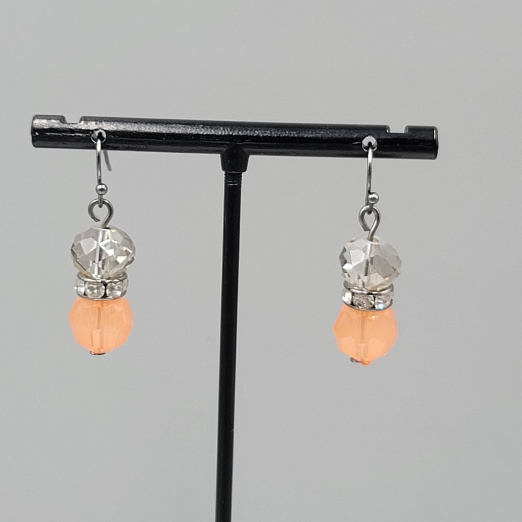Pierced Earrings Black Metal Peach Clear Crystal Faceted Beads Dangle 1"