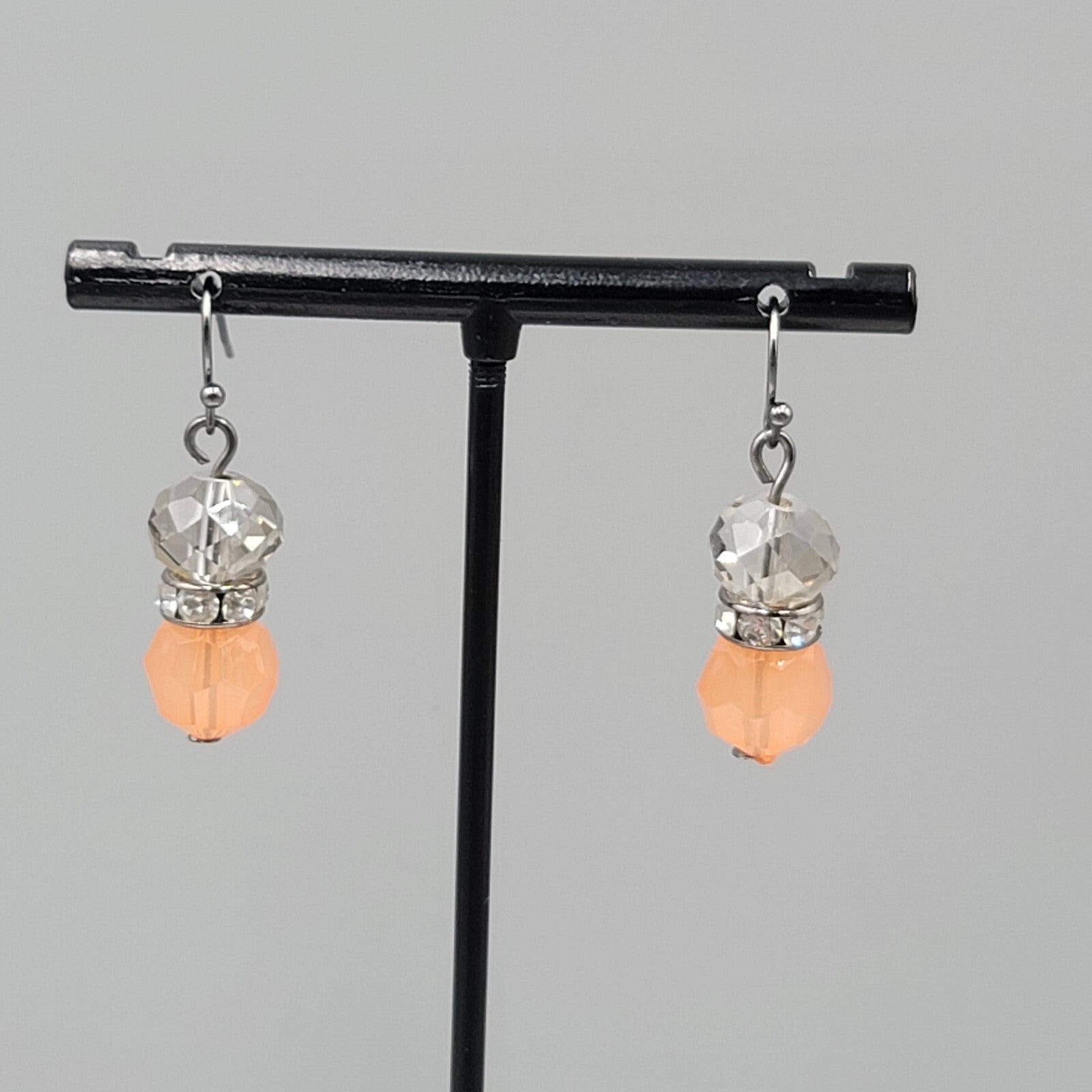 Pierced Earrings Black Metal Peach Clear Crystal Faceted Beads Dangle 1"