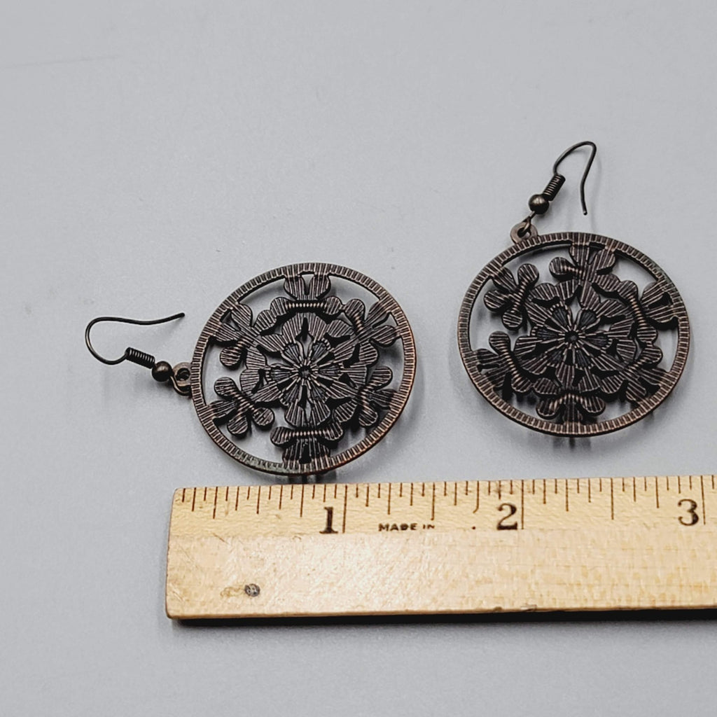 Multicolor Enamel Flower Pierced Earrings Round Bronze tone Dangle 1 3/8"