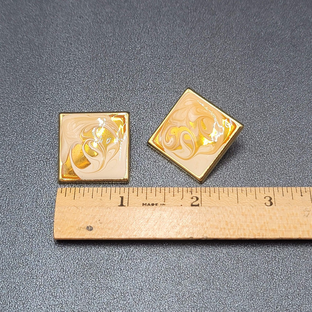 Vintage Pierced Earrings Gold tone Swirl White Gold Enamel Square Drop 1 3/8"