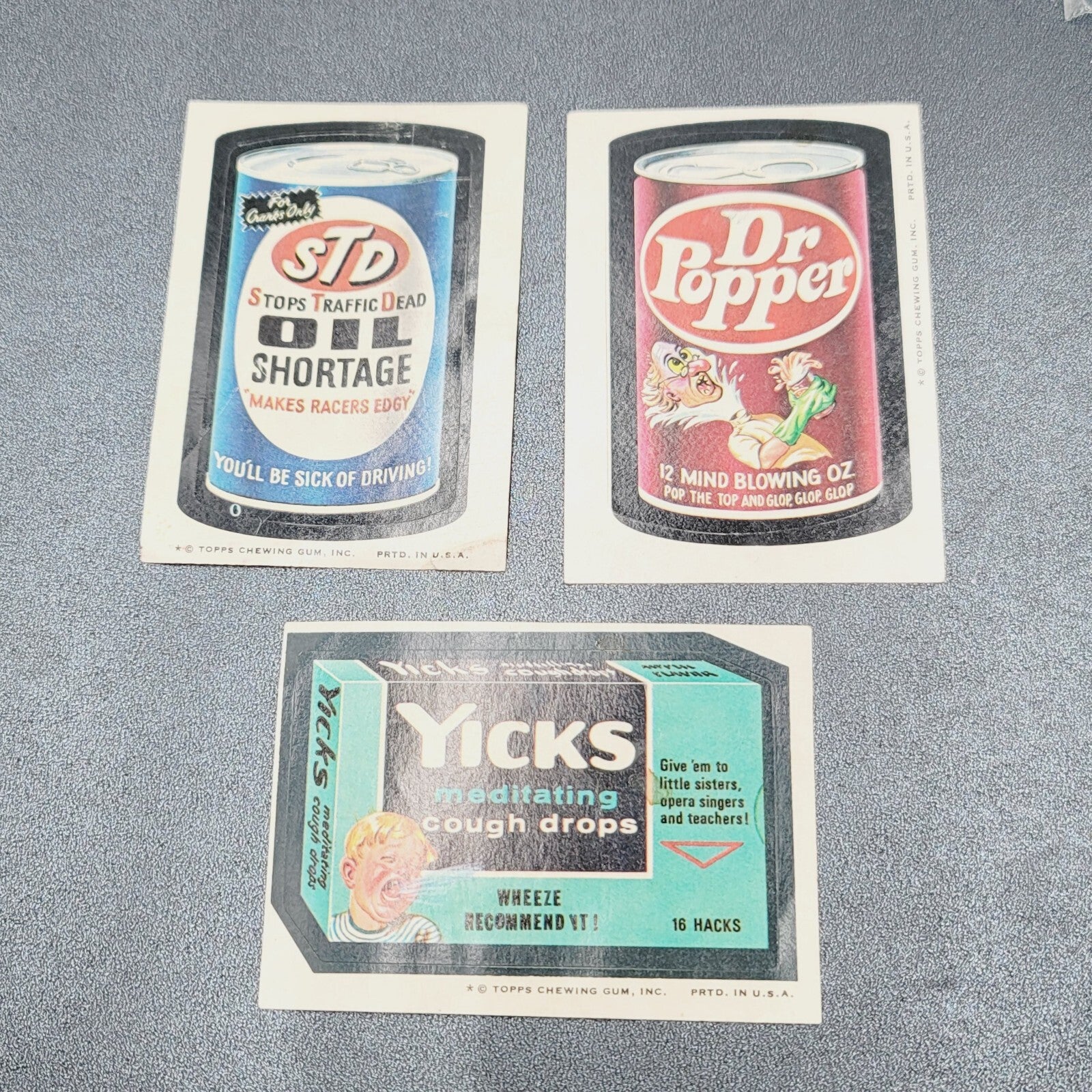Vintage Topps Wacky Packages Yicks Cough Drops Dr Popper STD Oil Shortage 3 Lot