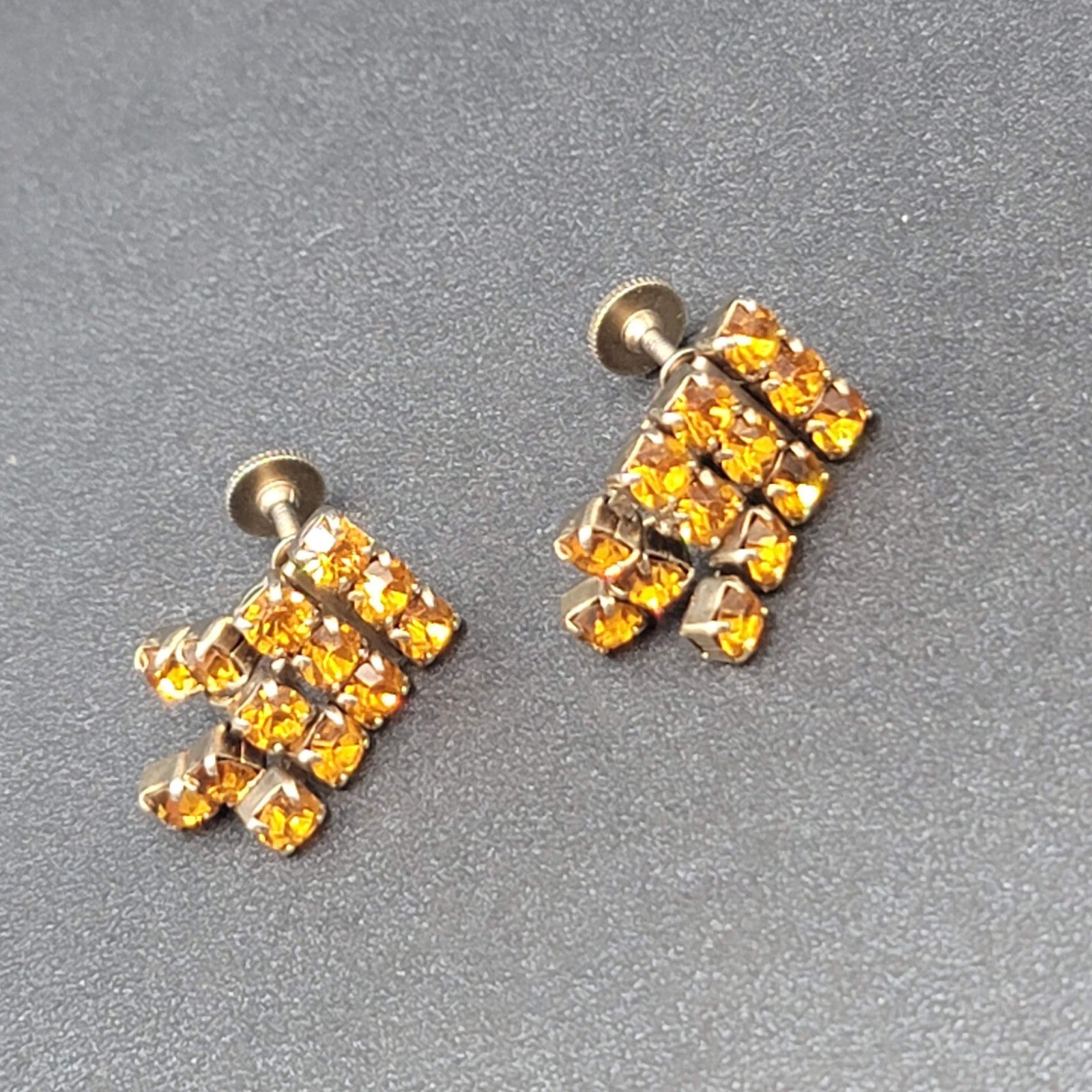 Vintage Clip on Earrings Gold tone Amber Orange Rhinestone Screw Back 1"