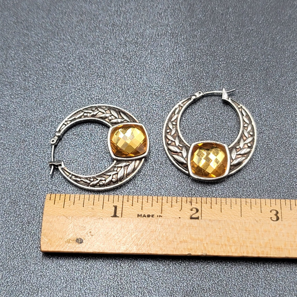 Pierced Earrings Silver tone Embossed Hoops Yellow Acrylic Accent 1.25"
