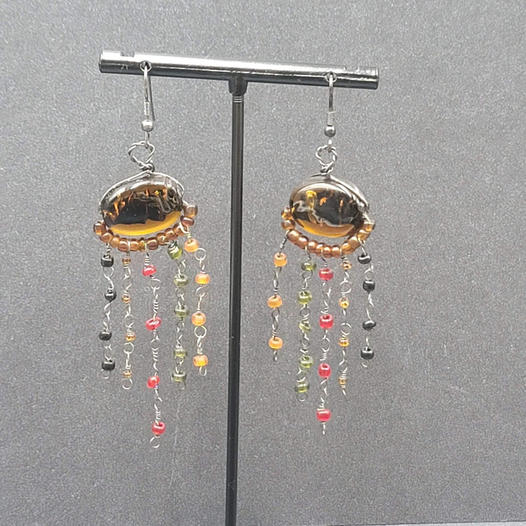 Boho Pierced Earrings Multi color Glass Beads Unusual Dangle Chains 2.75"
