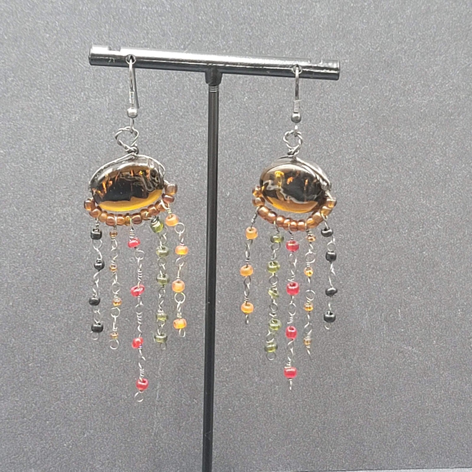 Boho Pierced Earrings Multi color Glass Beads Unusual Dangle Chains 2.75"