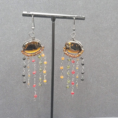 Boho Pierced Earrings Multi color Glass Beads Unusual Dangle Chains 2.75"