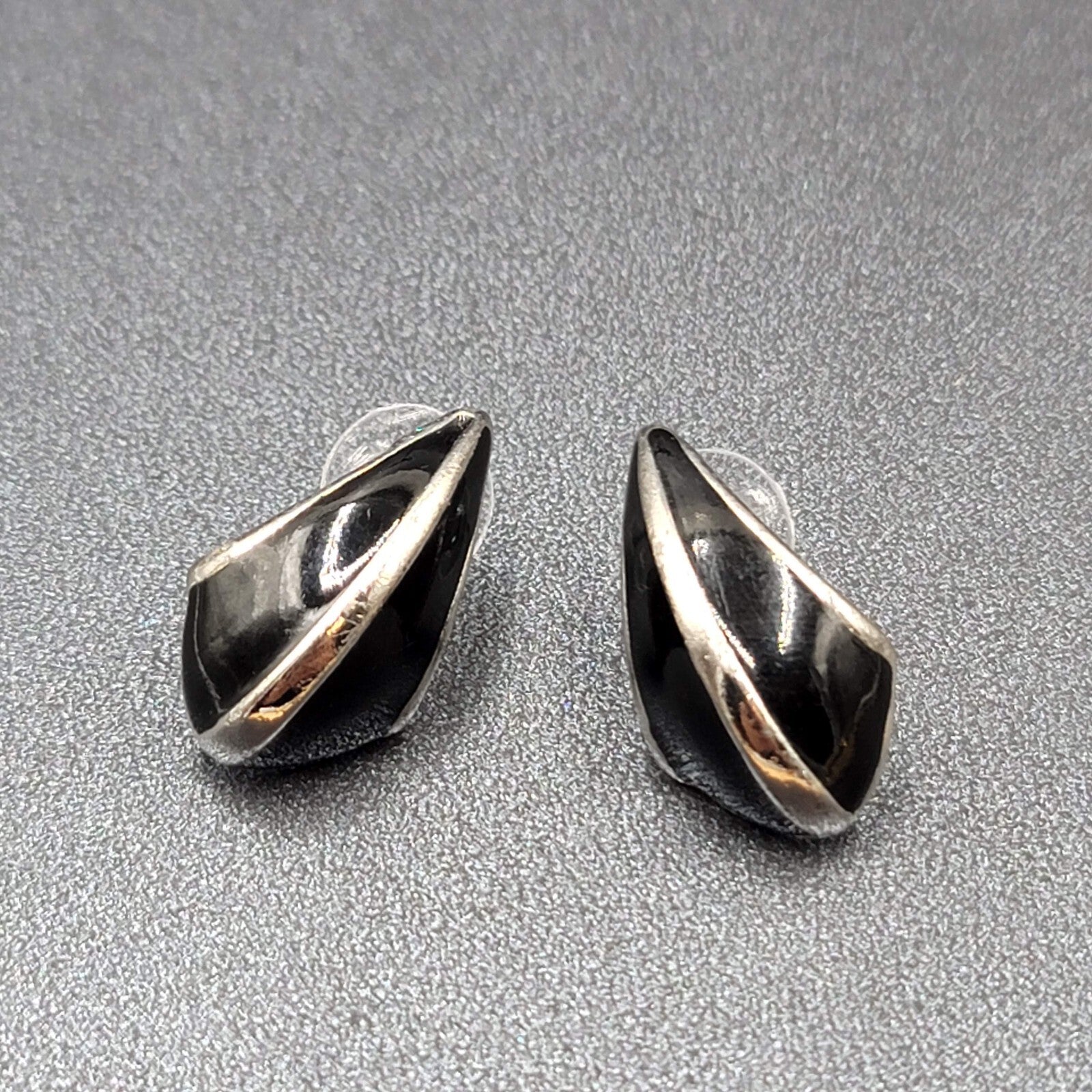 Vintage Pierced Earrings Black Enamel Drop Silver tone 1"
