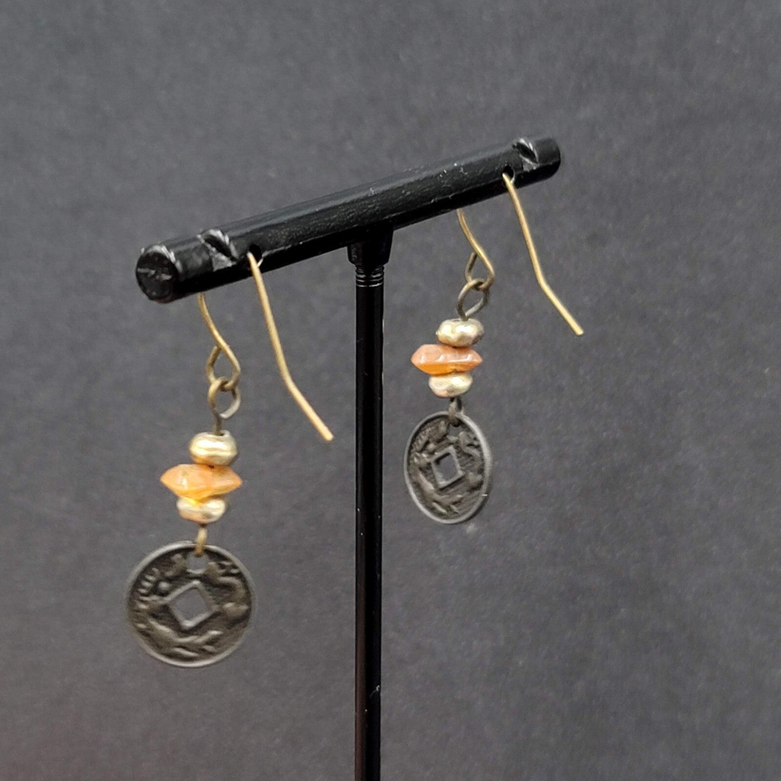 Pierced Earrings Beaded Asian Coin Dangle 1"