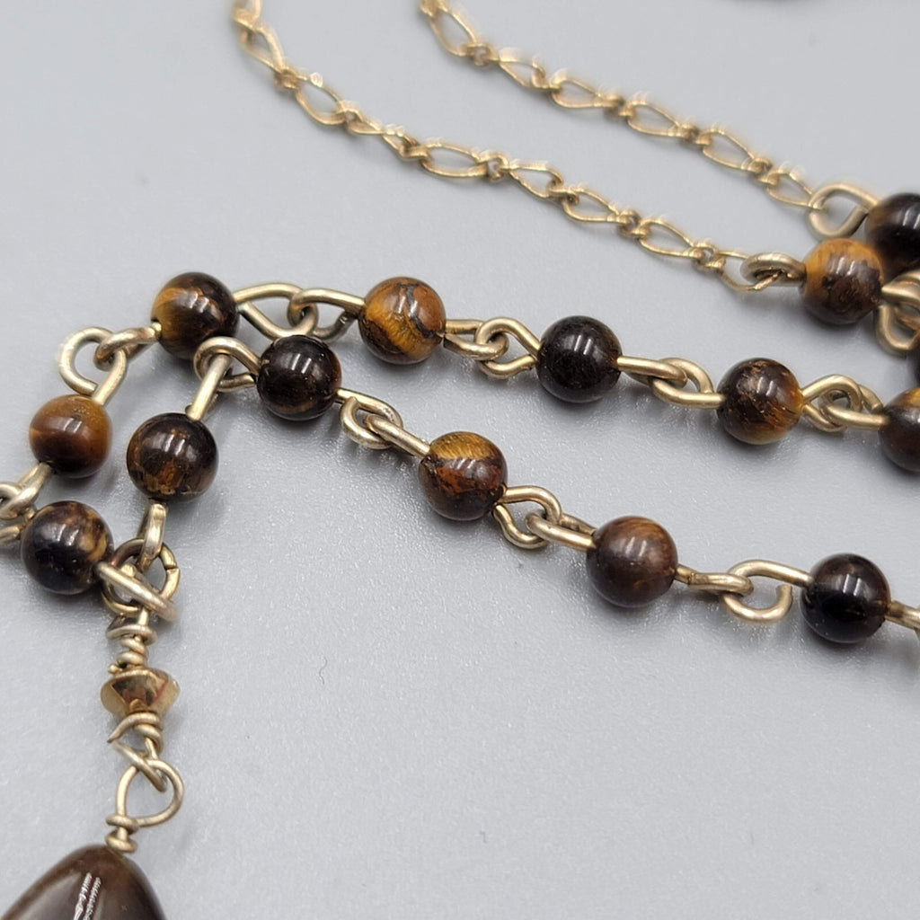 Nygard Tigers Eye Bead Necklace Gold tone Chain 16"-18"