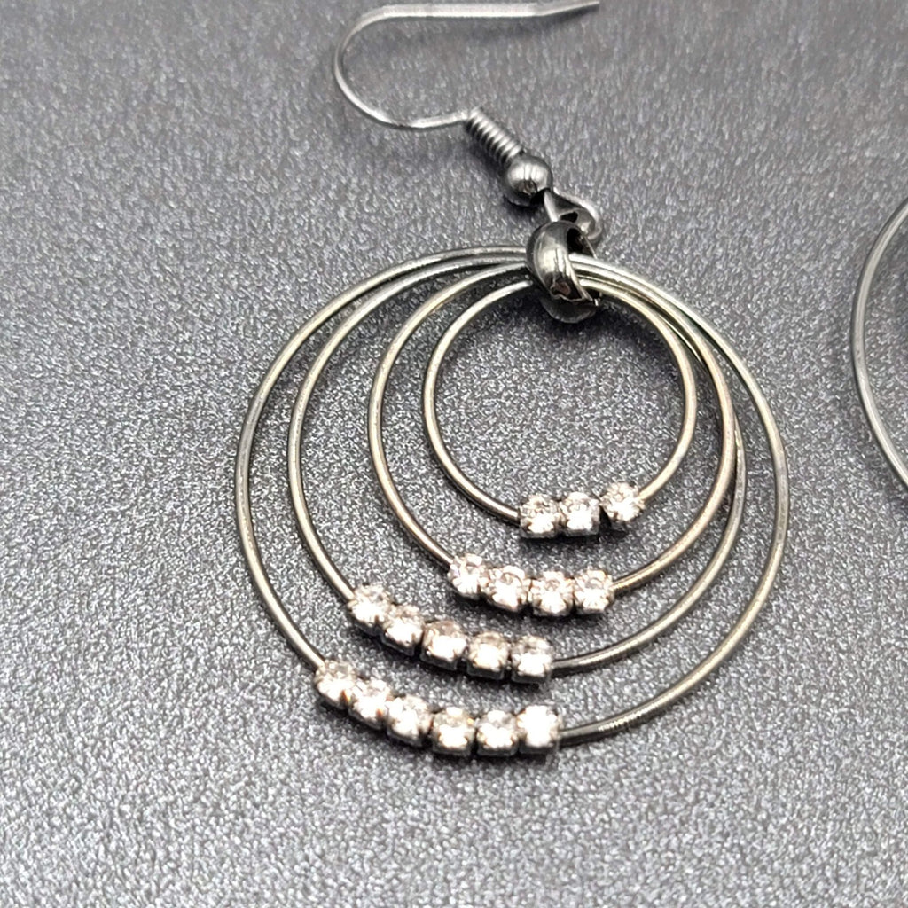 Pierced Earrings Black Metal Crystal Layered Hoops Dangle 1.75"