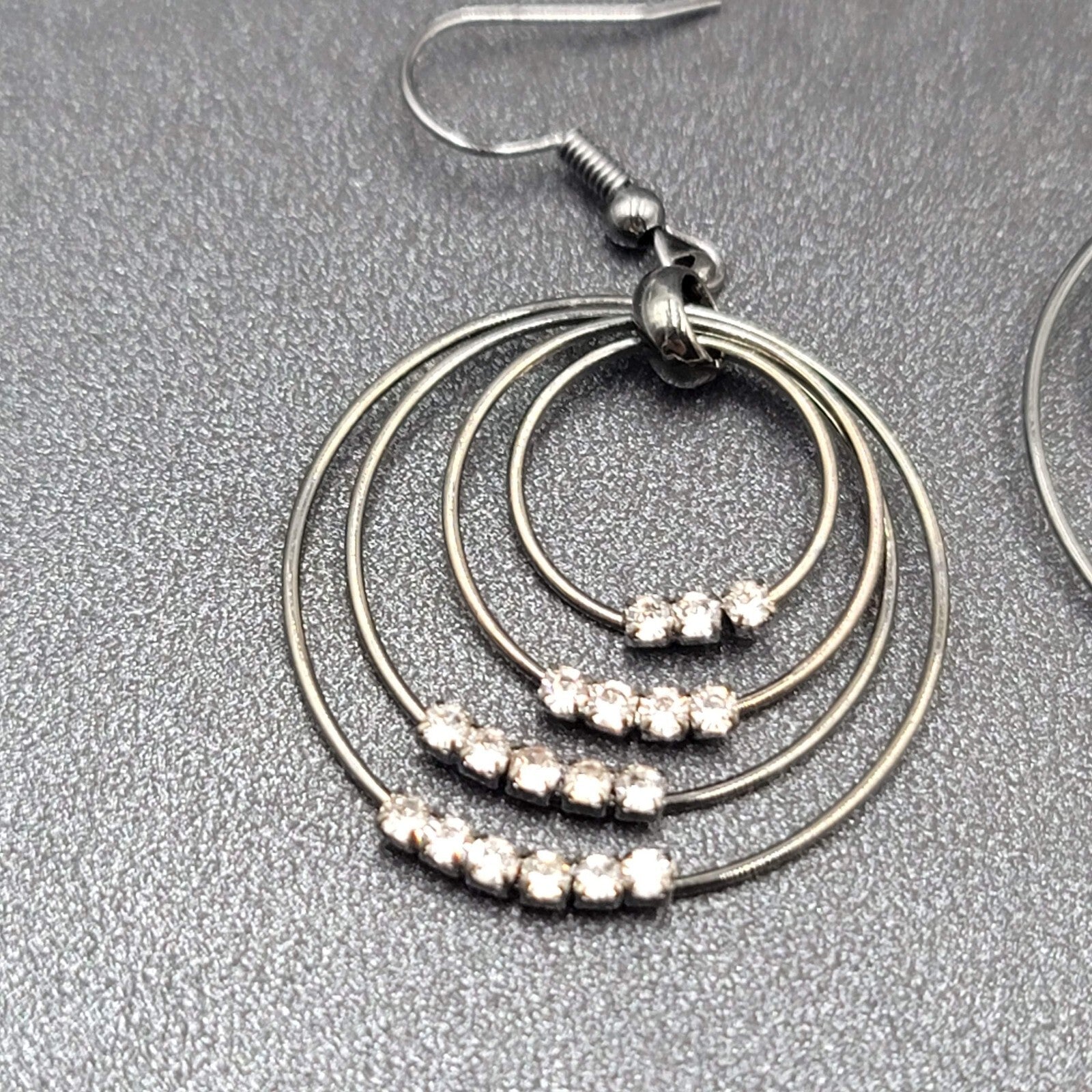 Pierced Earrings Black Metal Crystal Layered Hoops Dangle 1.75"