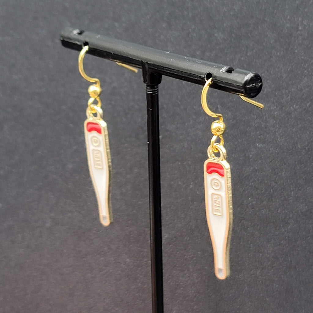 Nurse Thermometer Pierced Earrings Red White Enamel Gold tone Dangle 1 1/8"