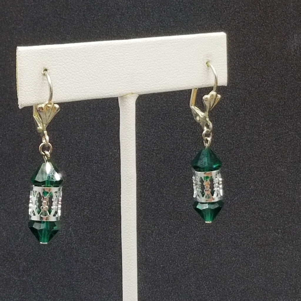 Pierced Earrings Silver tone Open Work Green Faceted Crystal Dangle 7/8"