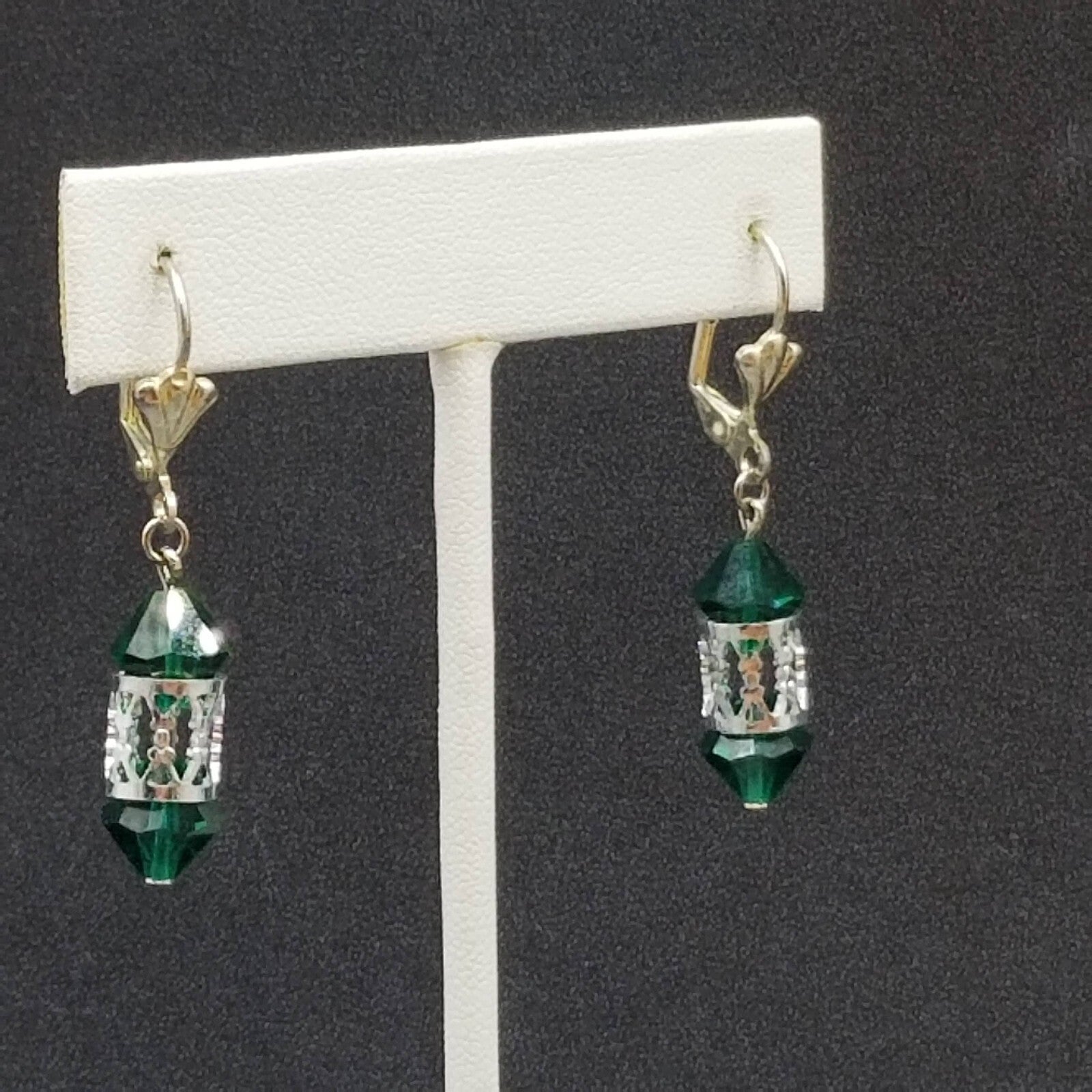 Pierced Earrings Silver tone Open Work Green Faceted Crystal Dangle 7/8"
