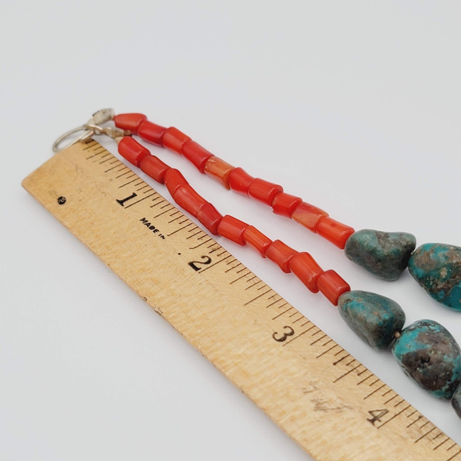 Native American Turquoise Nugget Necklace Coral Bead Matching Earrings 22 in