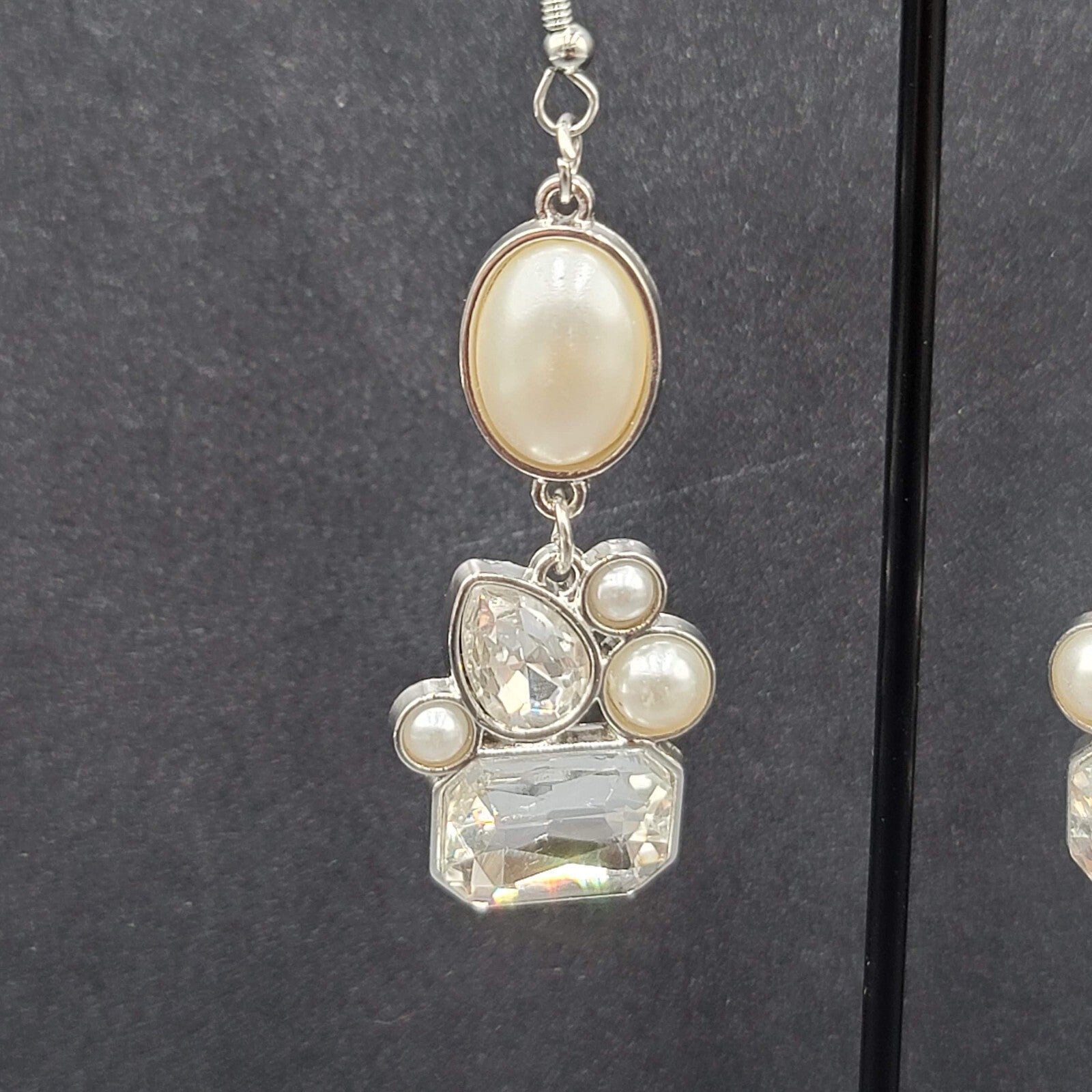 Pierced Earrings Silver Plated Faux Pearl Glass Accents Dangle 1.75"