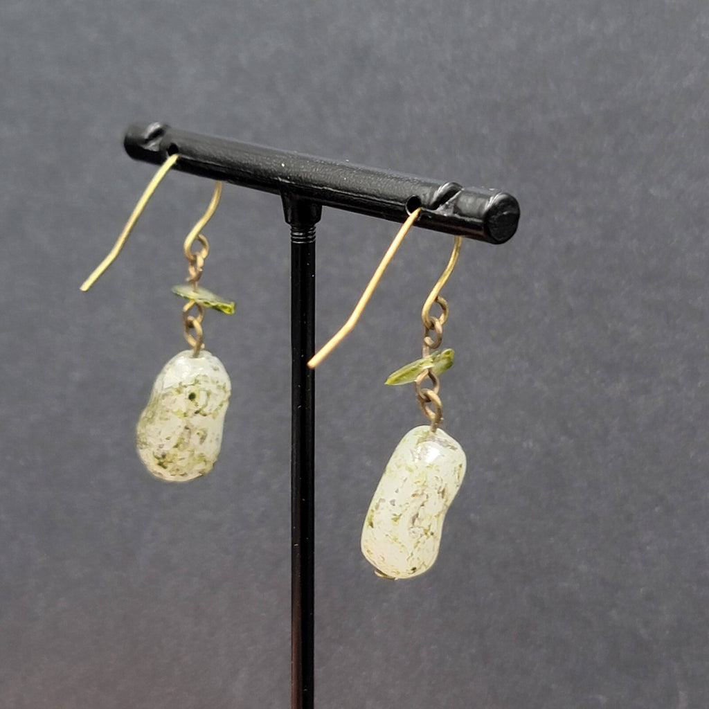 Pierced Earrings 1" Green Stone Chip and Acrylic Bead Lightweight Dangle 1"