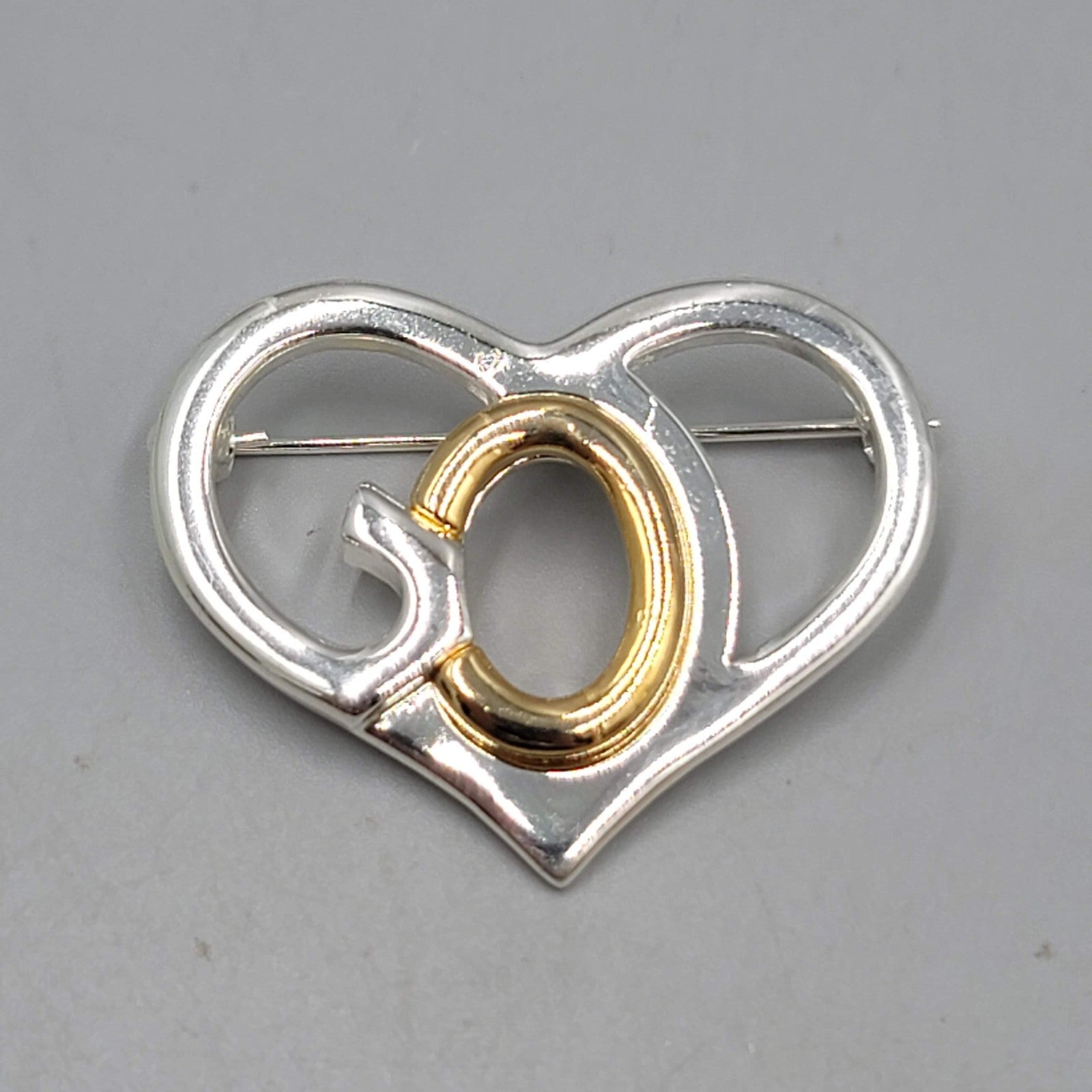 Saint John SJ Heart GOD Brooch Pin Gold Silver Tone Religious Heart Vintage