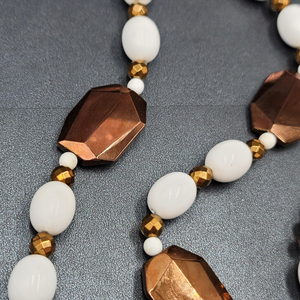 Bronze Metallic White Beaded Necklace Bracelet Earrings Set Jewelry Set