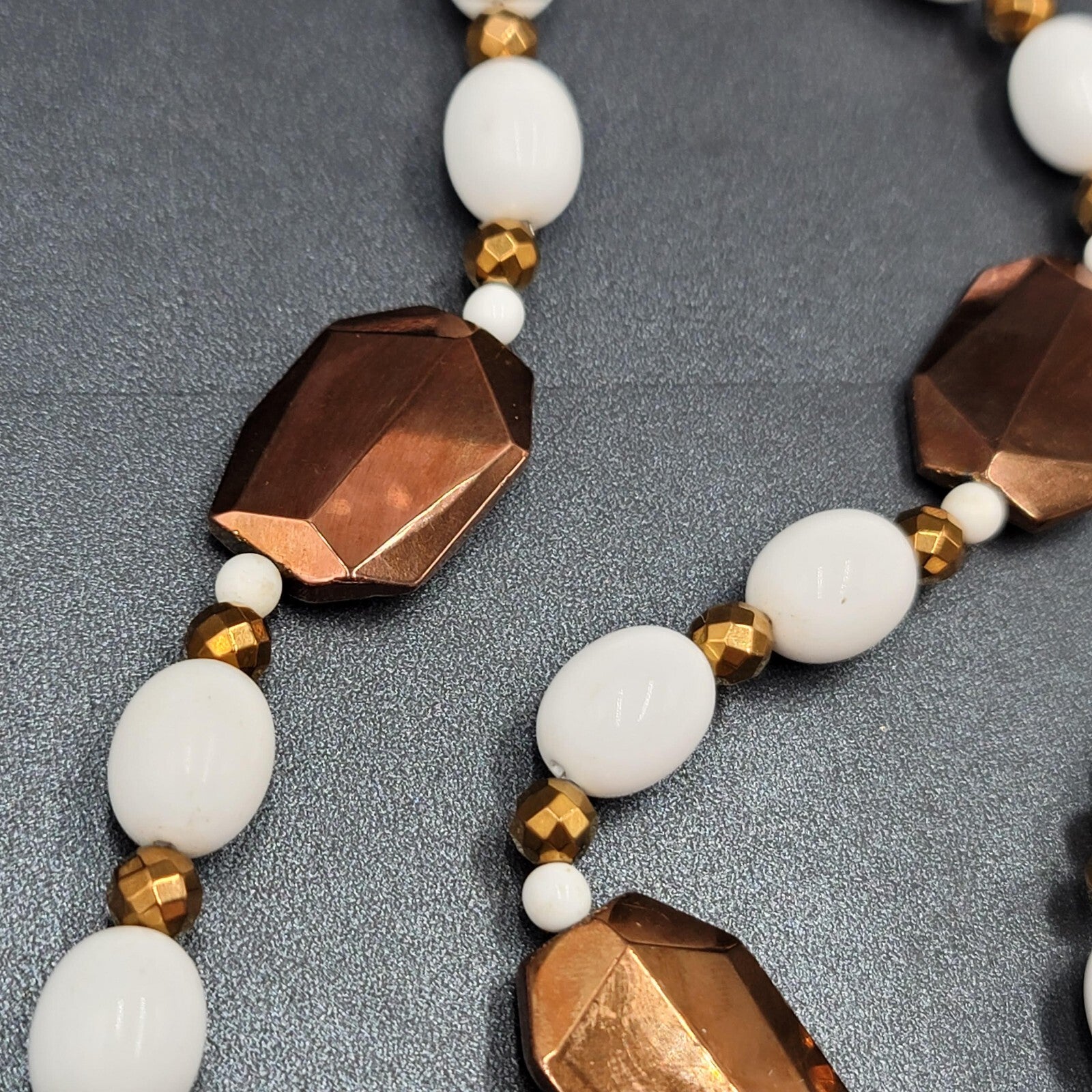 Bronze Metallic White Beaded Necklace Bracelet Earrings Set Jewelry Set