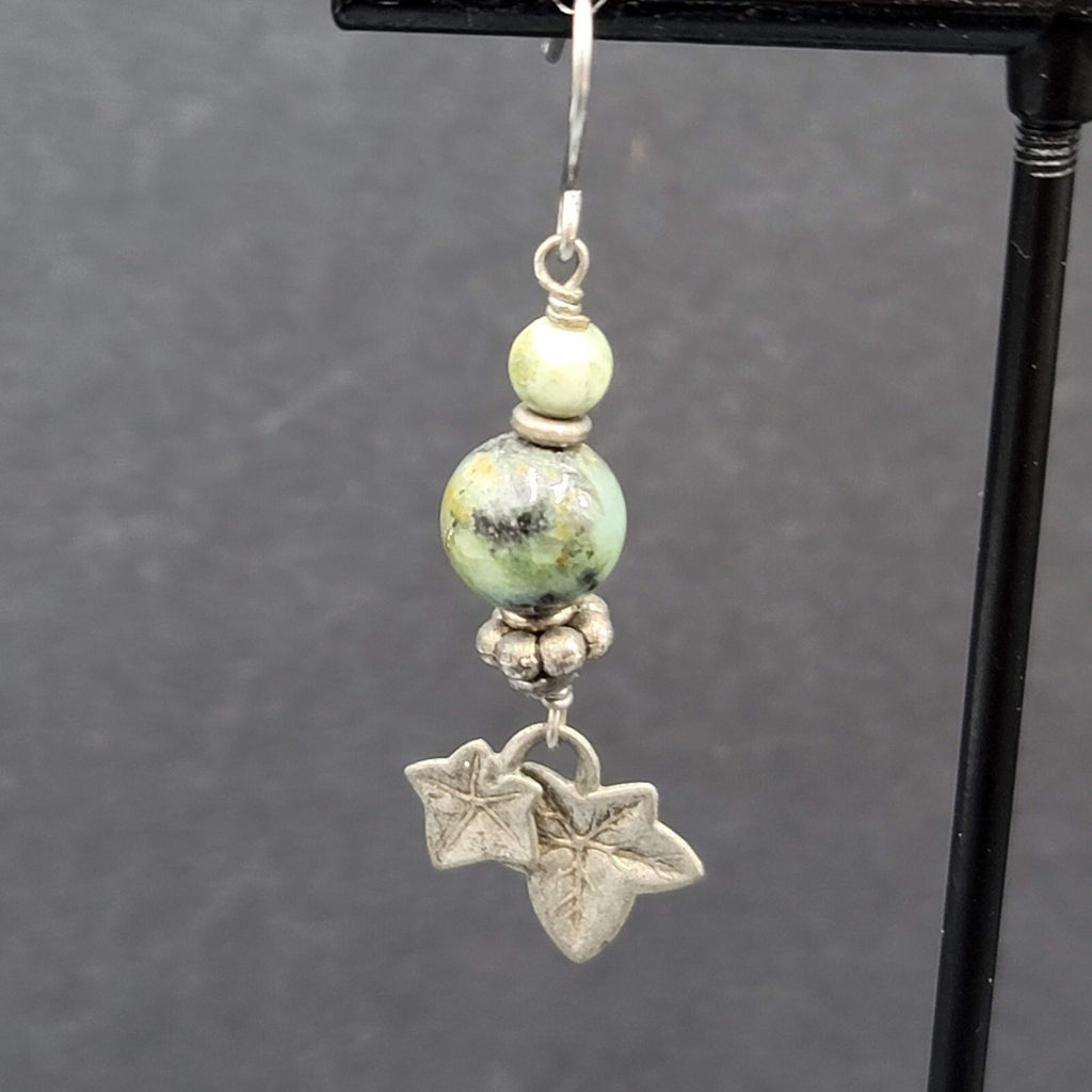Pierced Earrings Silver tone Green Stone Dangle Leaves 1 3/8"
