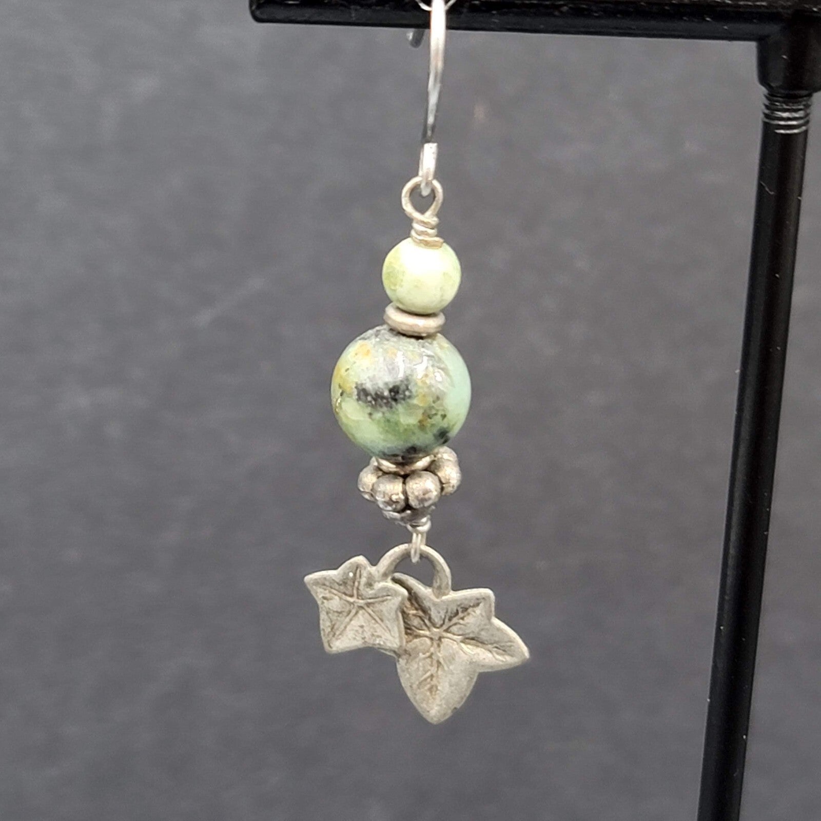 Pierced Earrings Silver tone Green Stone Dangle Leaves 1 3/8"