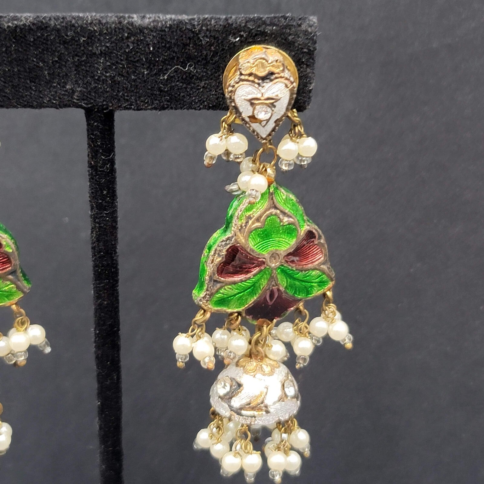 Clip on Earrings Large Enamel Guilloche Beaded Chandelier India Jewelry 2.75"