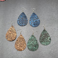 Lot of 3 Pierced Earrings Faux Tooled Leather Gold Green Blue 2.25"