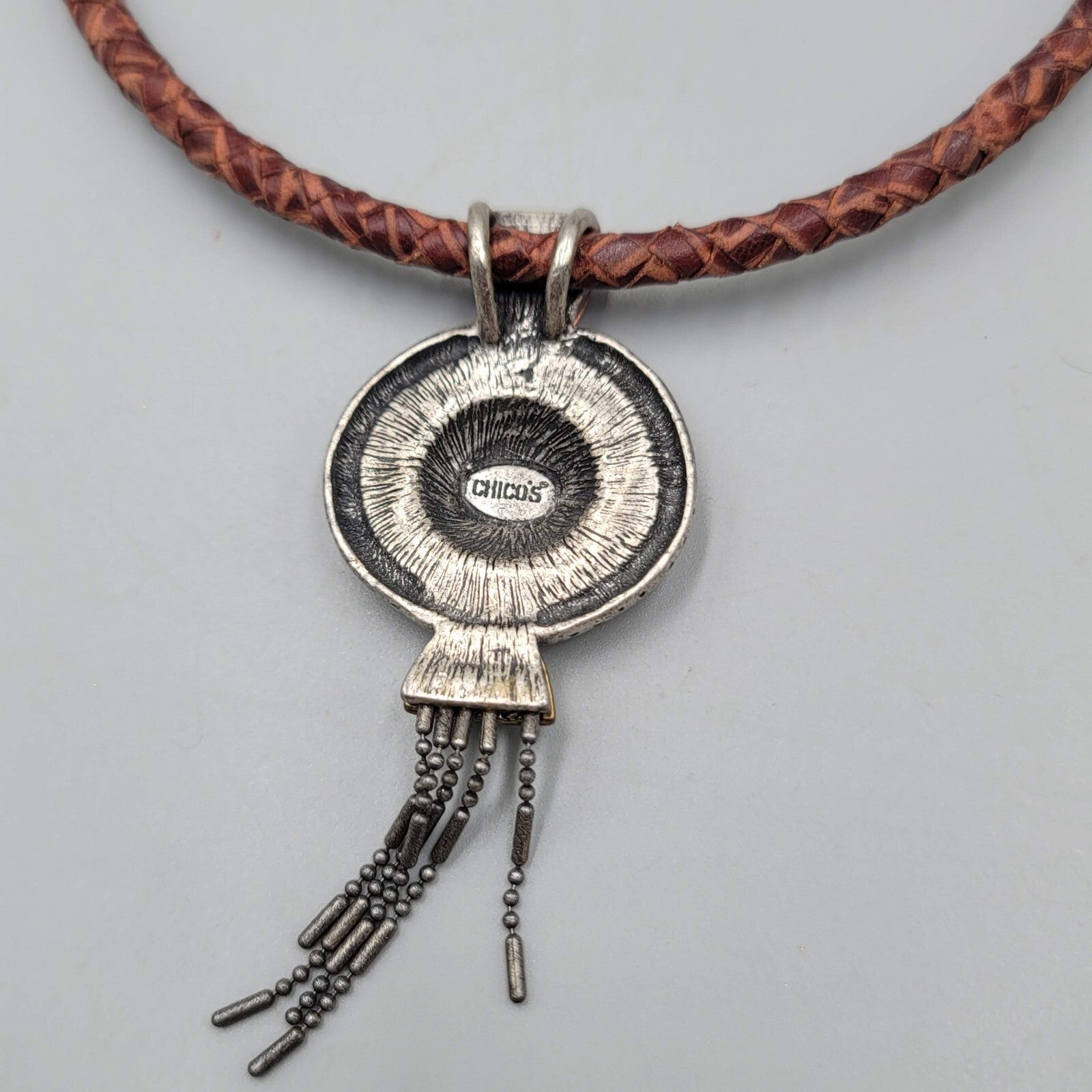 Chicos Necklace Brown Leather Cord Two toned Pendant Dangle Chains 16"