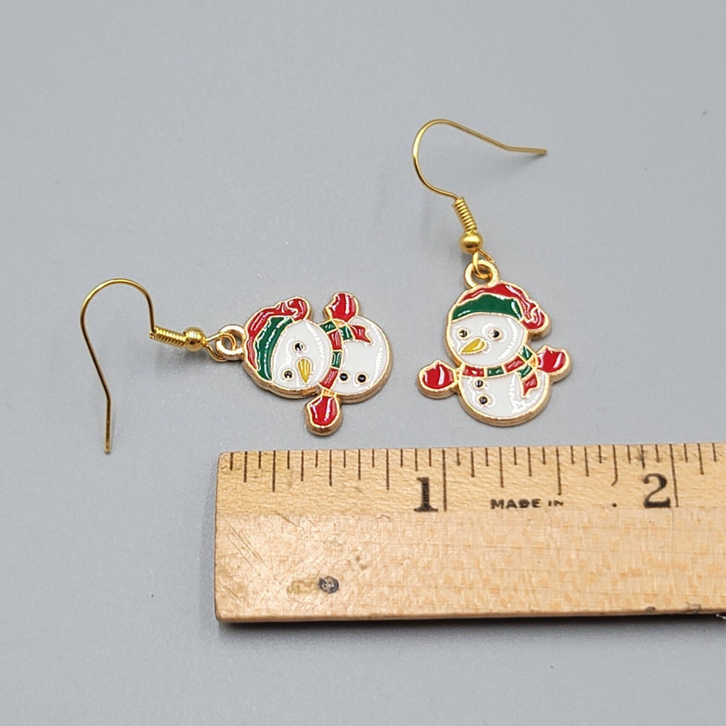 Snowman Pierced Earrings Christmas Holiday Enamel Dangle Gold tone 3/4" New