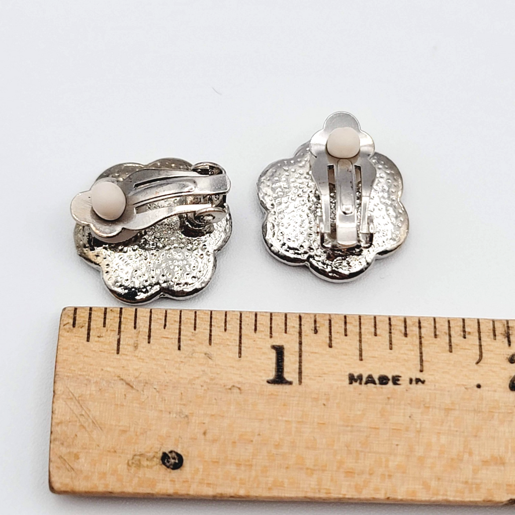 Vintage Rhinestone Flower Shape Clip on Earrings Silver tone 5/8 in