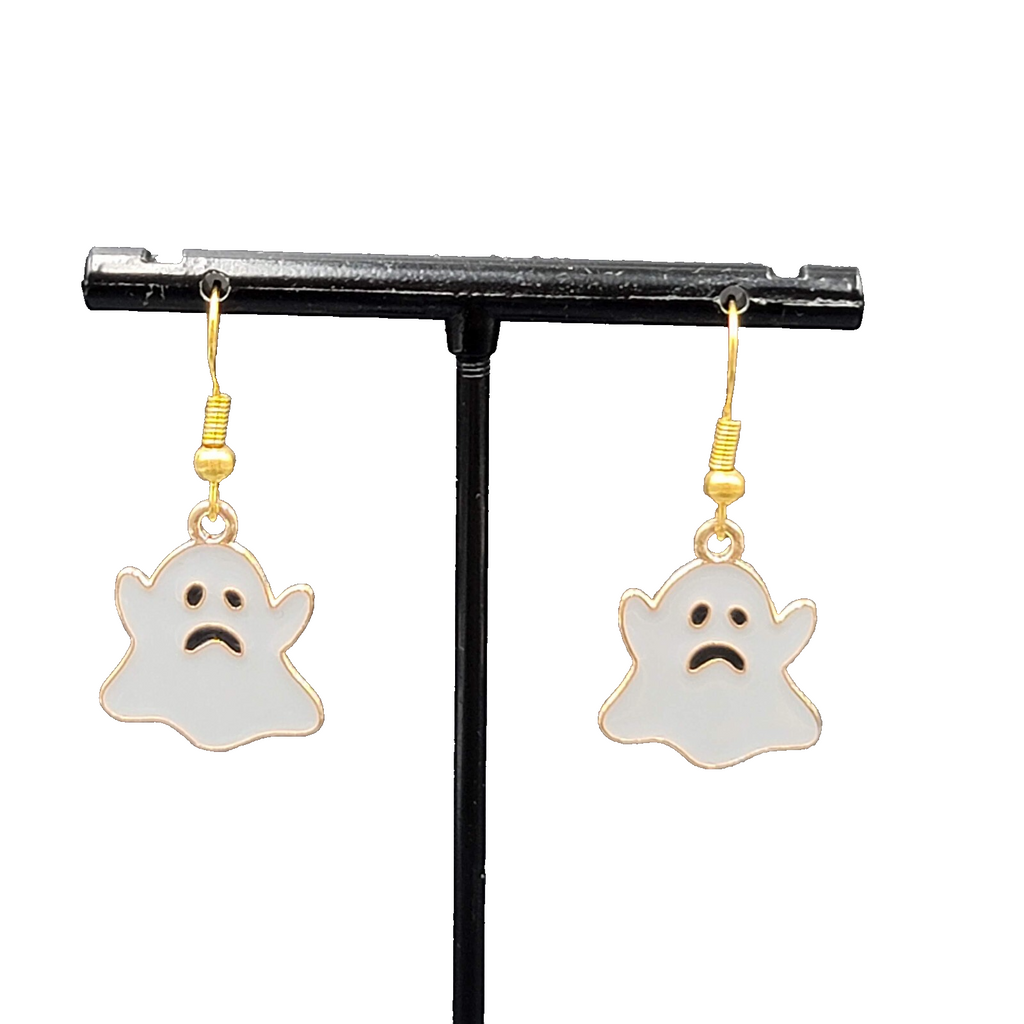 Halloween Sad Ghost Pierced Earrings Gold tone Gray Enamel Dangle 3/4"