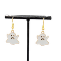 Halloween Sad Ghost Pierced Earrings Gold tone Gray Enamel Dangle 3/4"