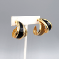 Vintage Double Hoops Pierced Earrings Black Enamel Statement Gold tone Drop 