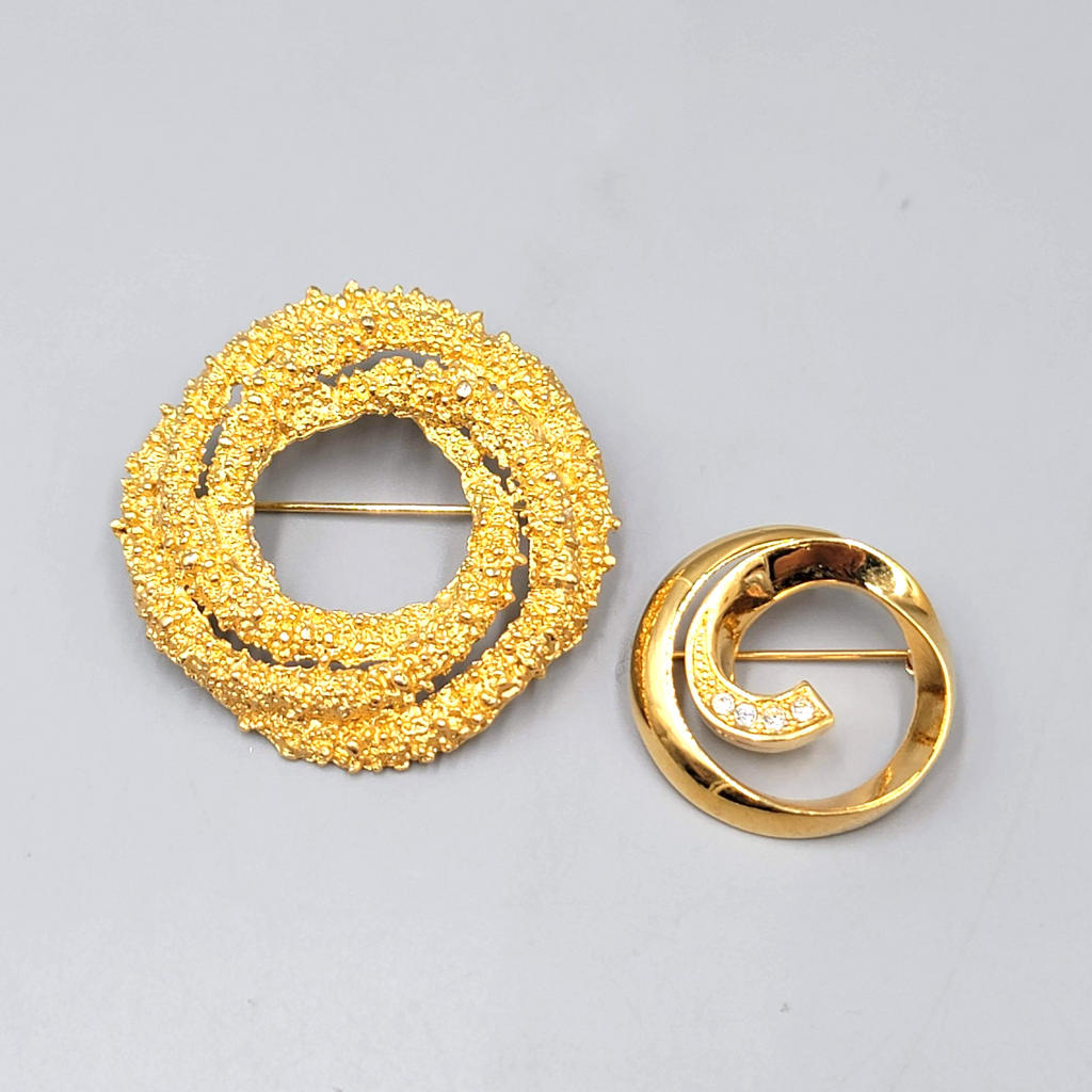 Vintage Gold Tone Circle Brooch Pin Lot of 2 Textured Swirl Rhinestone