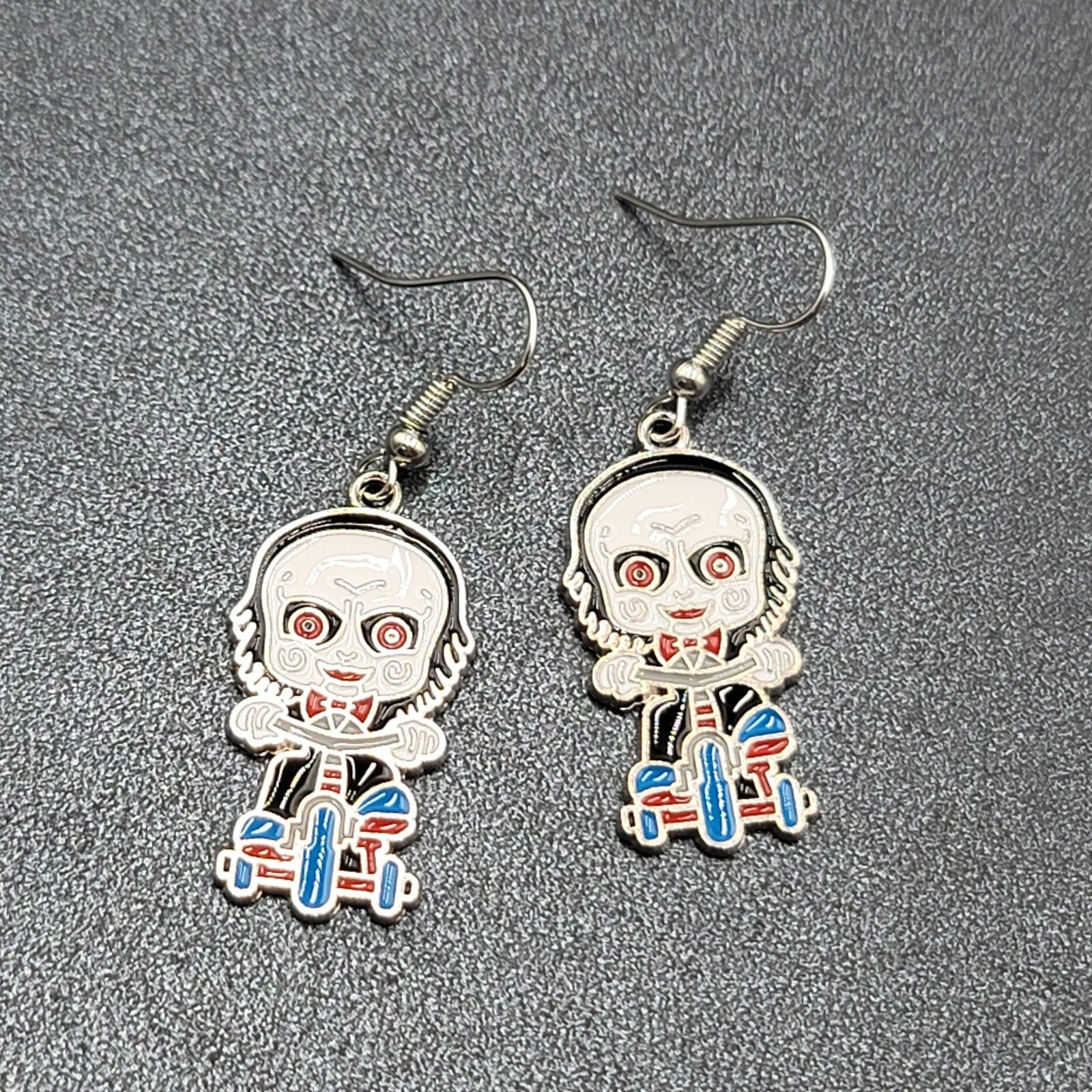 Jigsaw Pierced Earrings Enamel Silver tone SAW Horror Movie Dangle 1.25" FS