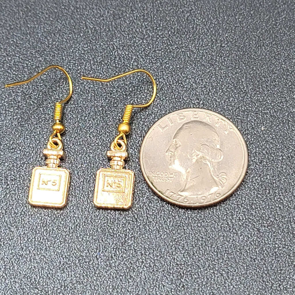 No 5 Perfume Pierced Earrings Gold tone Black Enamel Dangle 5/8"