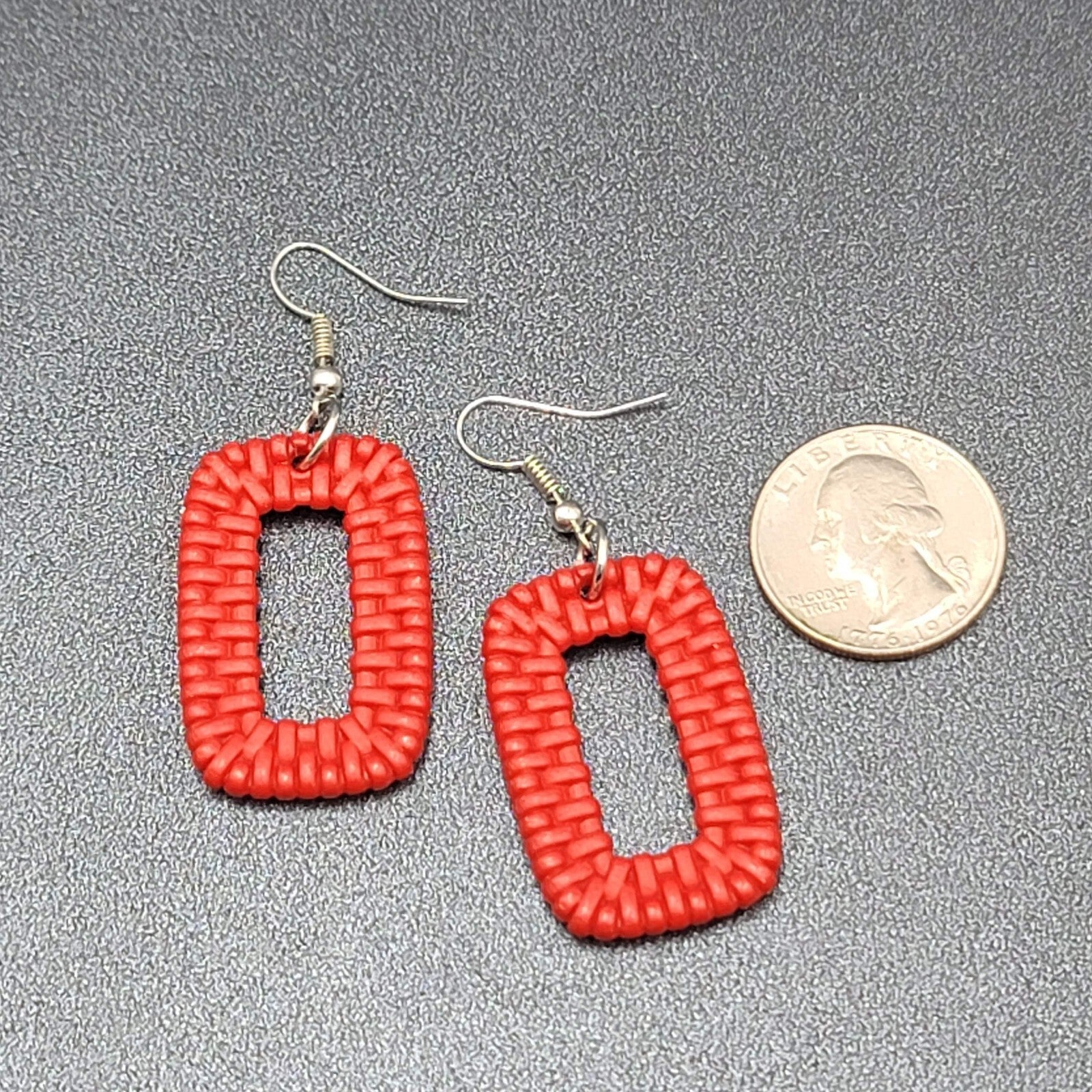 Pierced Earrings Red Acrylic Rectangle Weave Design Dangle 1.5"