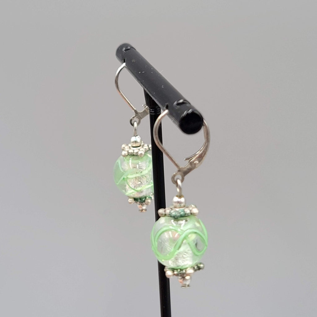 Green Swirl Glass Bead Pierced Earrings Silver tone Dangle 3/4"