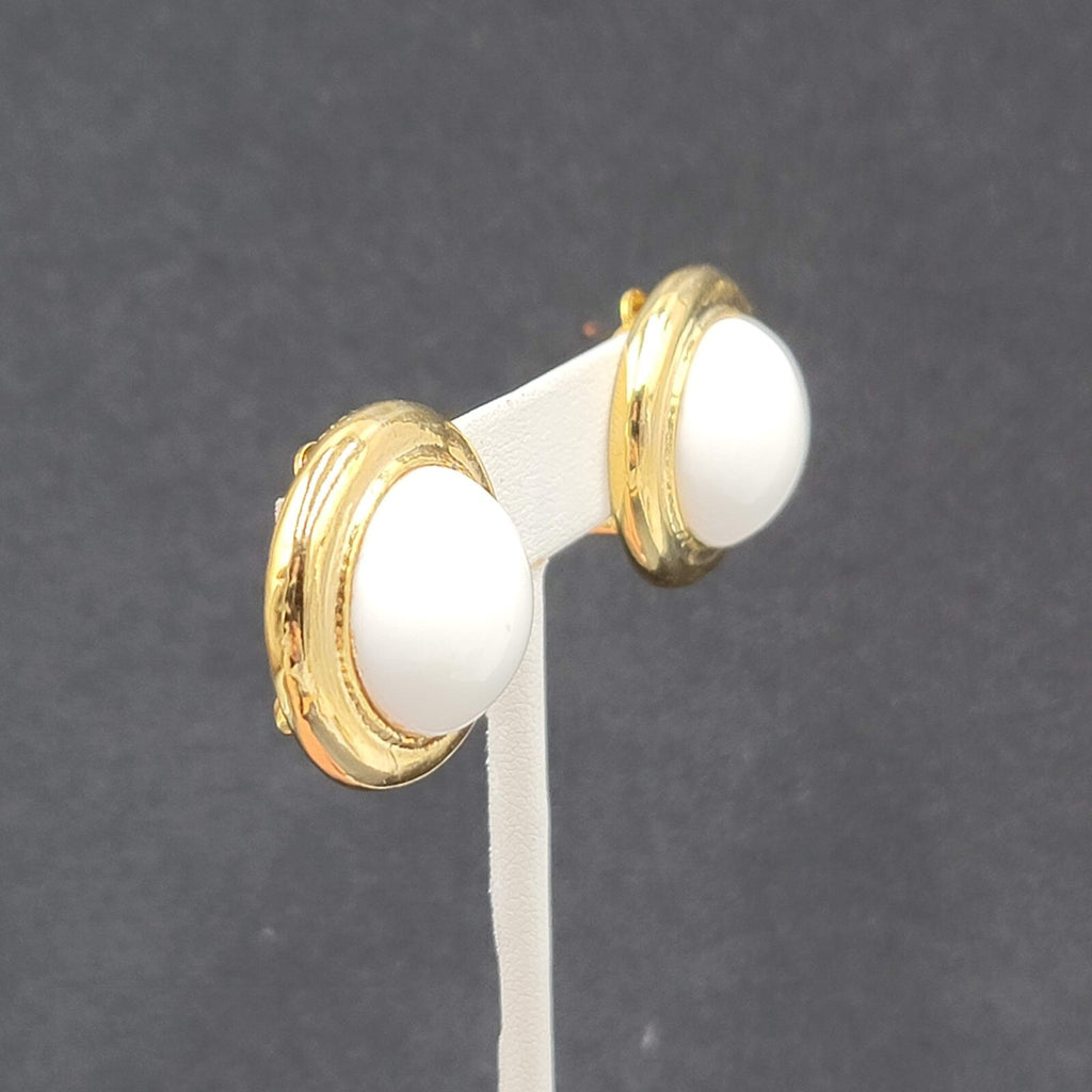 Vintage Clip on Earrings Gold tone White Acrylic Dome Drop Studs 1"