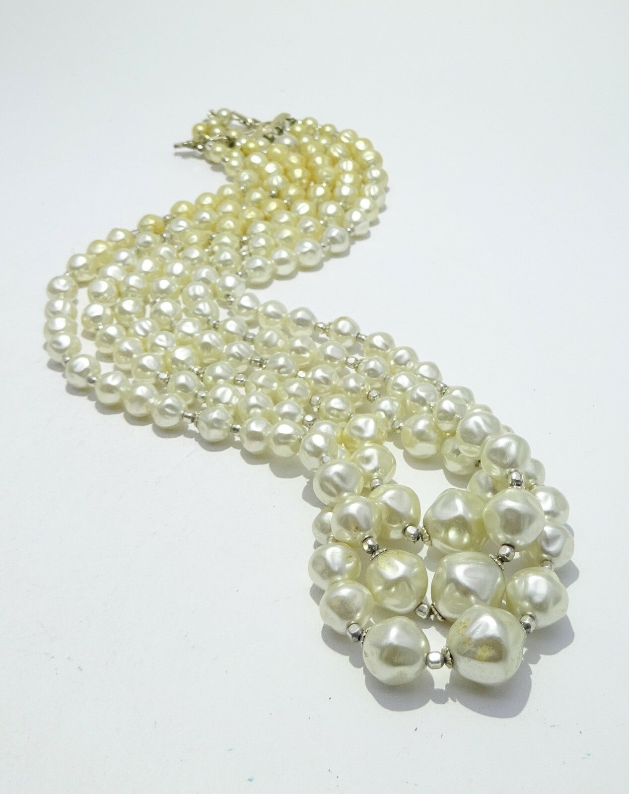 Vintage Necklace White Graduated Bead Triple Strand Estate Costume 22" - 24"