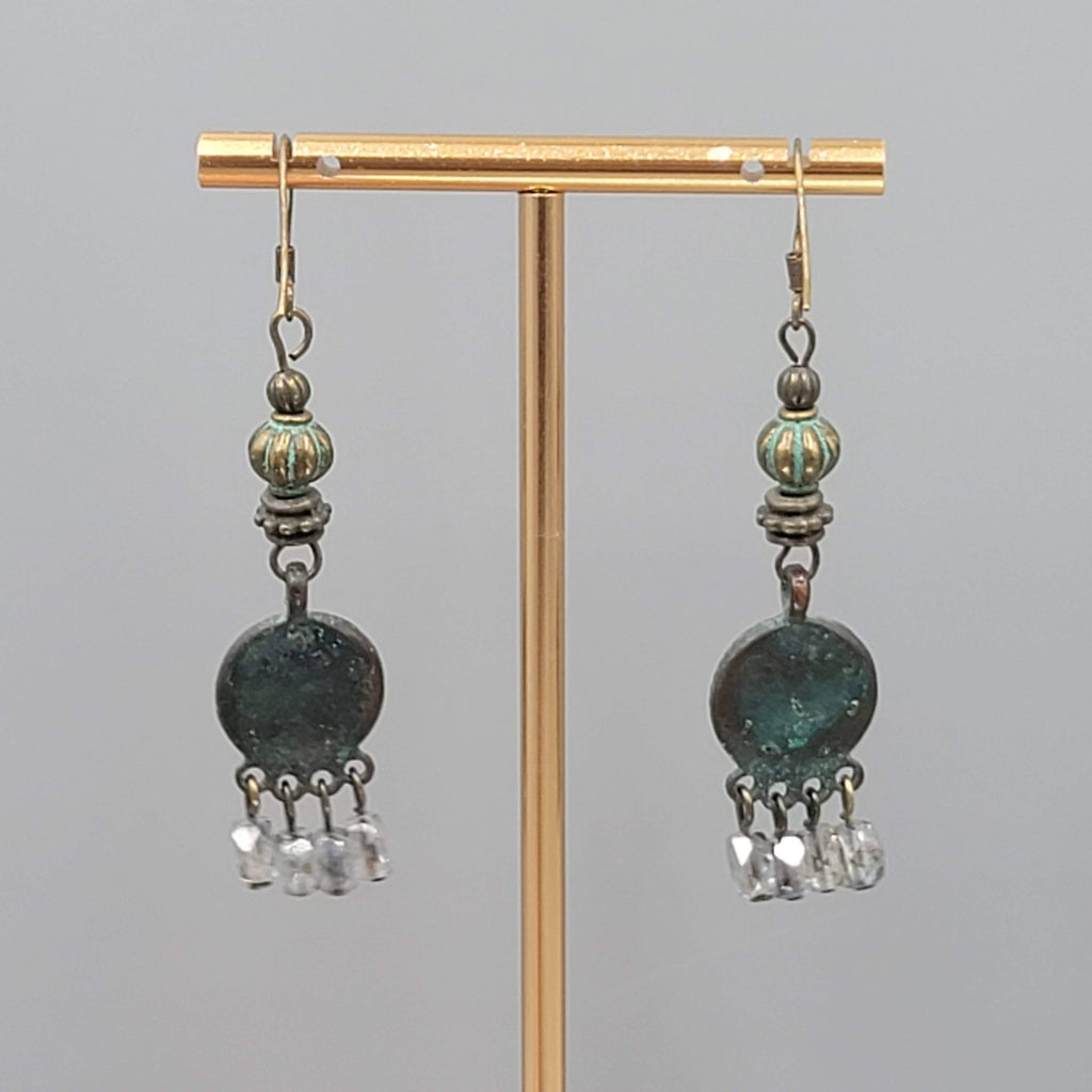 Green Bronze tone Chandelier Dangle Pierced Earrings 2"