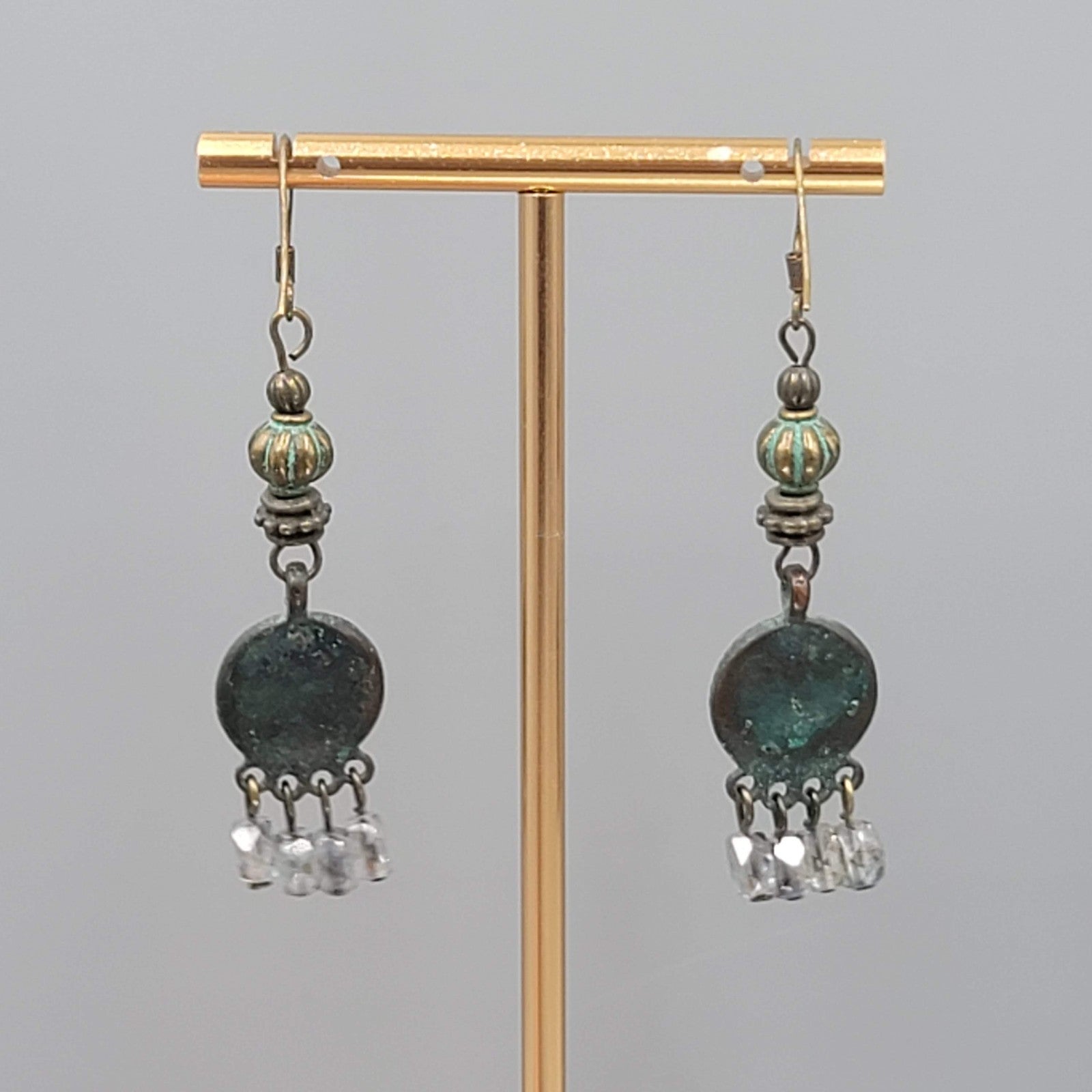 Green Bronze tone Chandelier Dangle Pierced Earrings 2"