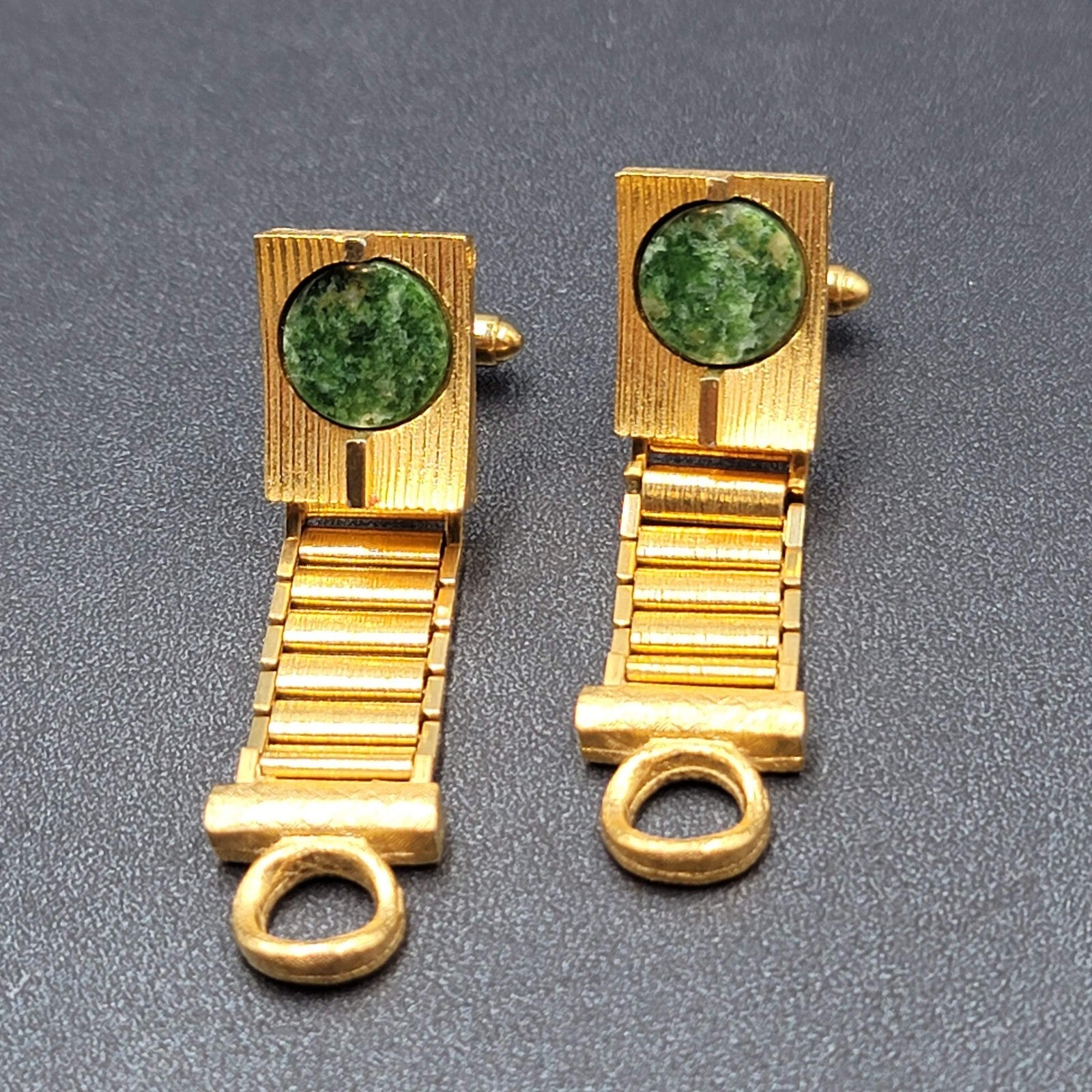 Vintage Gold tone Mesh Wrap Around Cufflinks Jasper Green Marbled Stone