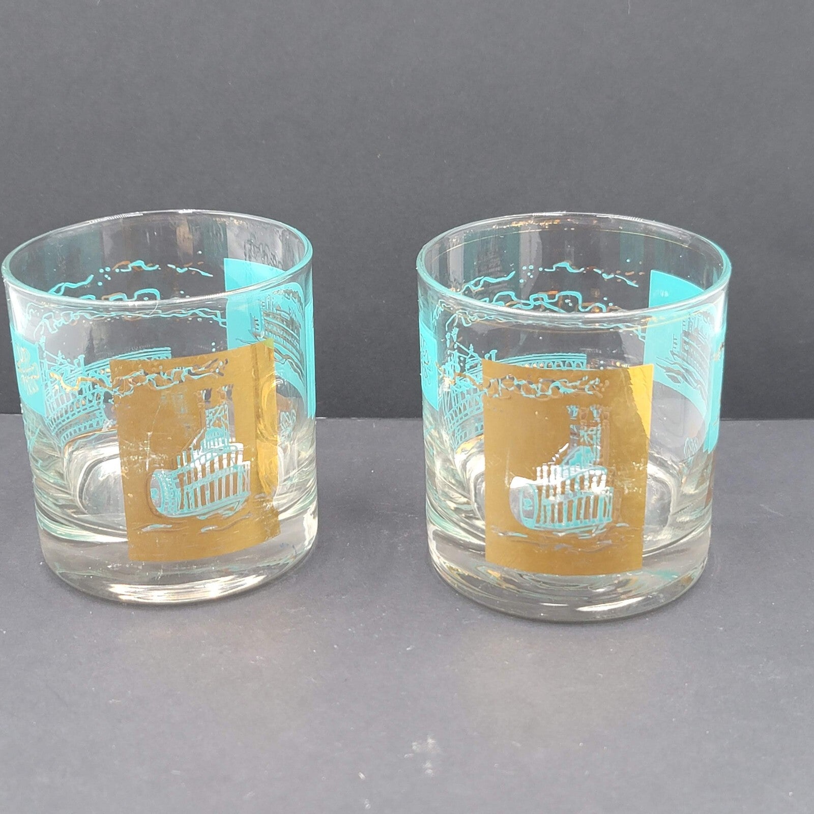 Vintage Southern Comfort Steamboat Lowball Glasses 2 Blue & Gold libbey MCM
