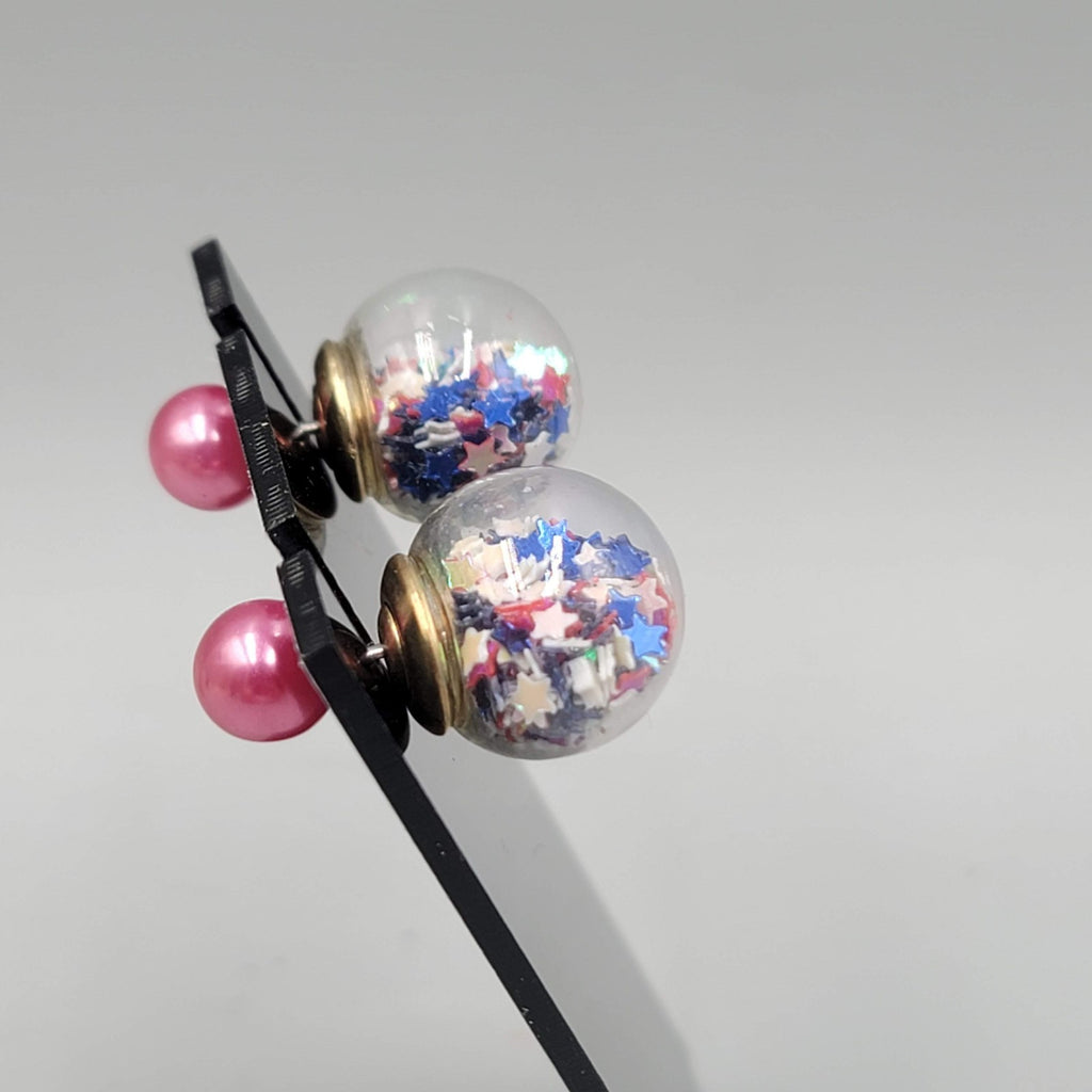 Reversible Stud Pierced Earrings  Star Confetti Glass Globe 5/8 in